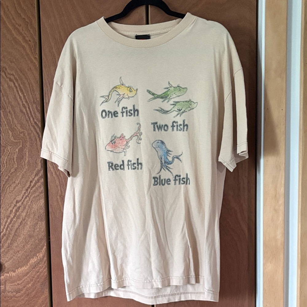 Dr. Seuss Cream T‑Shirt with Yellow, Green, Red, and Blue Fish
